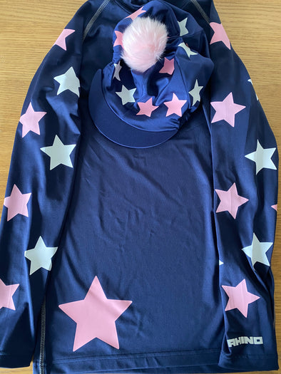 Personalised Big Star On Left Body And Stars Cross Country Base Layer And Hat Cover