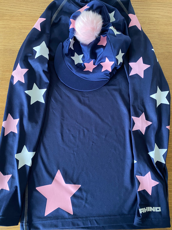 Women’s Personalised Big Star On Left Body And Stars Cross Country Base Layer And Hat Cover